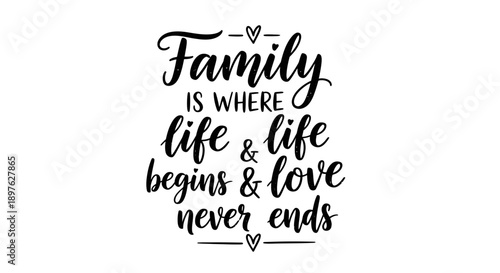 Family is Where Life and Love Begins and Never Ends Inspirational Typography on Isolated White Background