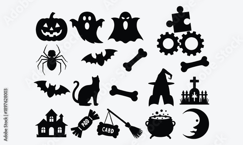 Halloween silhouettes black icon set. Containing pumpkin, ghost, vampire, mummy, Frankenstein, spider, skull, bone, bat, cat, witch, cemetery, candy and more