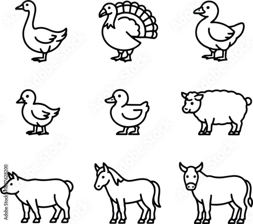 Farm animals line icon set. Vector pictograms of domestic goose, turkey, chick, duckling, duck, sheep, horse, pig, donkey, ox, thin linear illustration