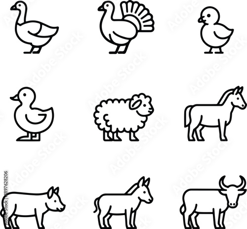 Farm animals line icon set. Vector pictograms of domestic goose, turkey, chick, duckling, duck, sheep, horse, pig, donkey, ox, thin linear illustration