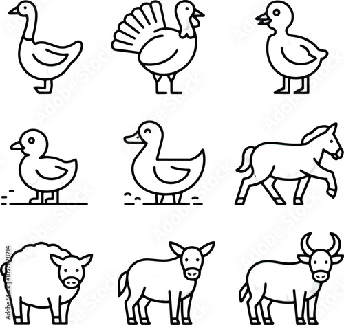 Farm animals line icon set. Vector pictograms of domestic goose, turkey, chick, duckling, duck, sheep, horse, pig, donkey, ox, thin linear illustration