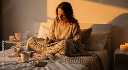 young woman writing in journal on cozy bed with candles at sunrise, peaceful and introspective