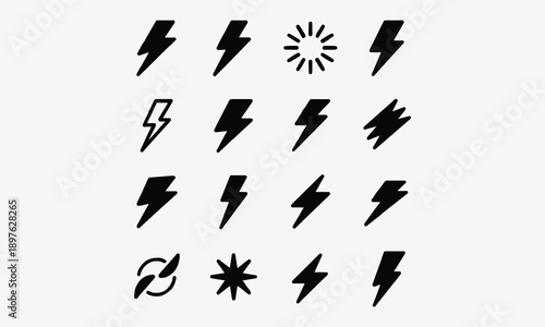 Black Lightning Bolt and Energy Burst Icons Set in Simple Outline Style for Power, Alert, Comic Effects, Logos, UI, and Graphic Design Use