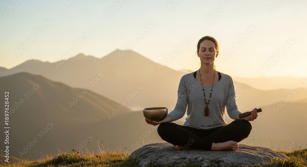 Fototapeta premium woman practicing meditation with singing bowl in serene mountain landscape at sunset