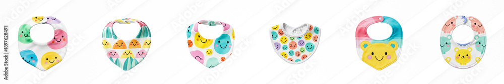 Fototapeta premium Colorful baby bibs in various designs on a white background mockup 