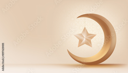 Ramadan Crescent moon,Golden mon decorative with islamic lantern soft light on background.Elegant Islamic Gold moon,star for Eid celebration,Eid Mubarak banner,Ramadan Kareem festival,Muslim Religion