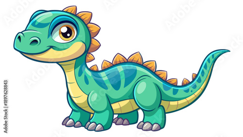 Very beautiful cute flat dinosaur illustration on a white background, featuring soft shapes and friendly expression, designed for children’s t-shirts and playful vector apparel designs.
