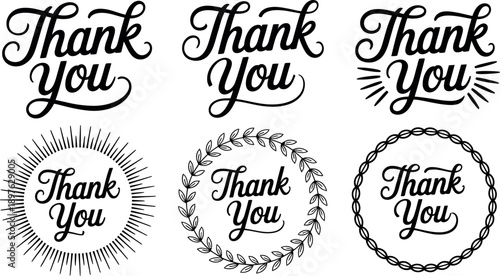 A set of black and white thank you cards with various designs and fonts on a white background