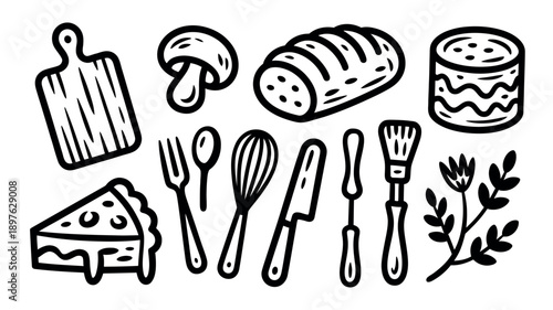 A collection of kitchen utensils and food items for cooking and baking