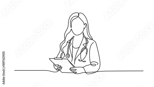 A female doctor or medical professional taking notes on a clipboard in a minimalist style