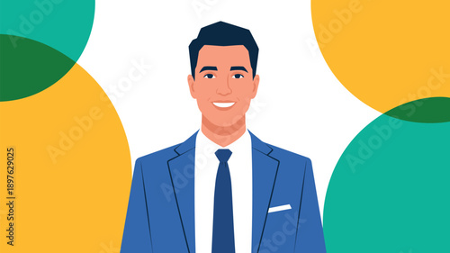 A smiling cartoon businessman in a blue suit standing against a colorful background