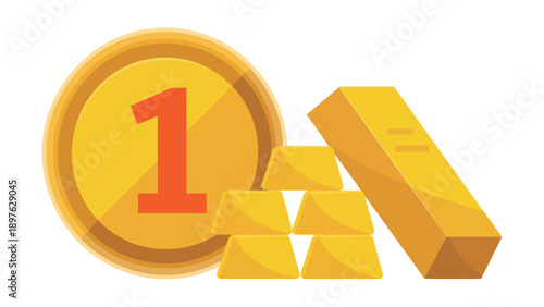 A gold coin and bars representing a first place prize or award