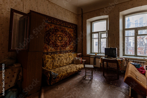 Interior of domestic room of abandoned forsaken apartment house