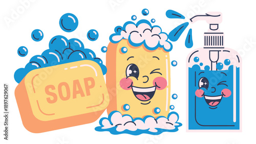 A cartoon illustration of happy soap and hand sanitizer characters with bubbles on a white background