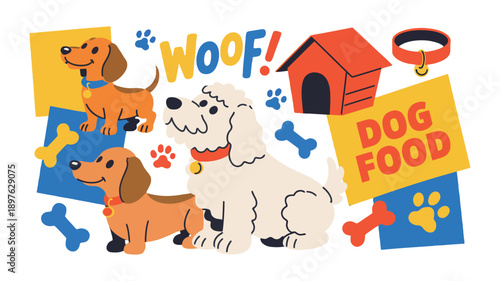 A colorful illustration of dogs and dog-related items, including a doghouse, food, and accessories.