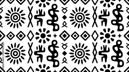 A seamless black and white patterned design featuring various tribal symbols and shapes on a white background.