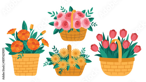 A colorful illustration of four wicker baskets filled with vibrant flowers on a white background.