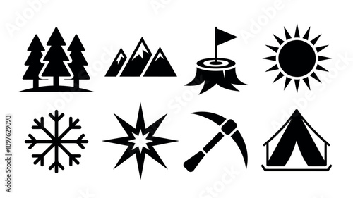A collection of black and white icons depicting outdoor adventure and nature