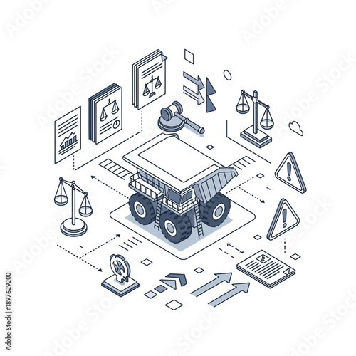 Isometric illustration of a vehicle surrounded by legal and technical icons.