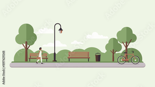 Woman walking in park with bicycle and streetlight