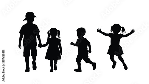 Four children walking and playing depicted in a dark silhouette