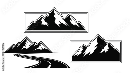 Mountain ranges and winding road depicted in striking black silhouette