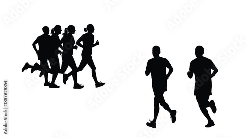 Group of runners in motion depicted as a striking silhouette