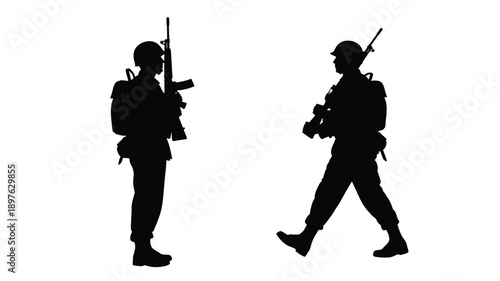 Two soldiers with rifles shown in stark black silhouette