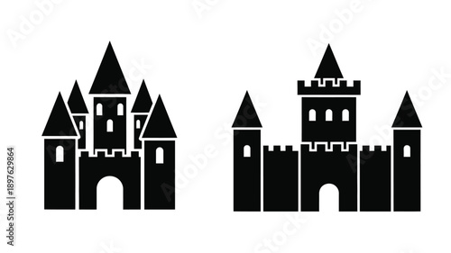 Two fairytale castles depicted in a stark black silhouette