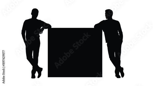 Two men leaning against a dark rectangle a striking silhouette