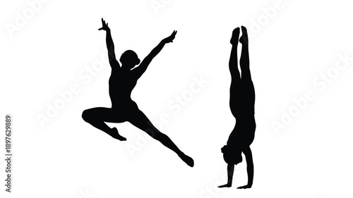 Two gymnasts performing dynamic poses a striking black silhouette