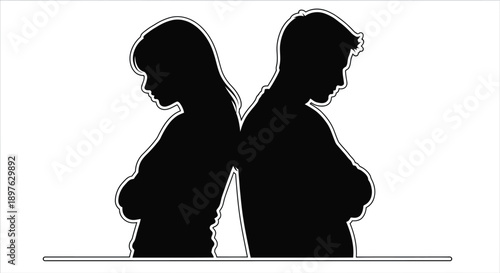 Two figures standing back to back in a stark silhouette
