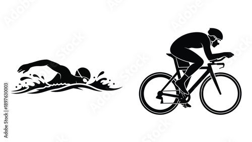 Triathlon athletes swimming and cycling a striking black silhouette