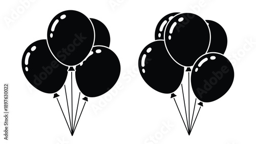 Group of black balloons floating against a white background silhouette