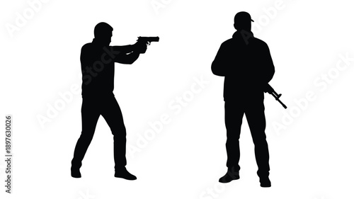 Two men in a dangerous confrontation one holding a gun silhouette