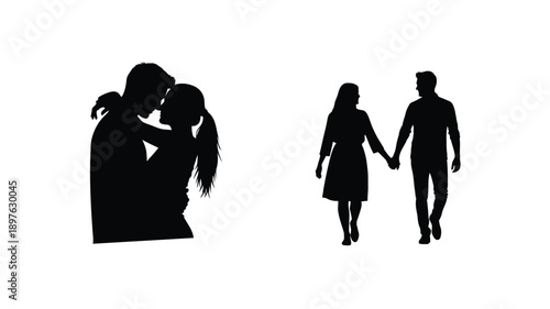 Couples walking and embracing a striking black form silhouette