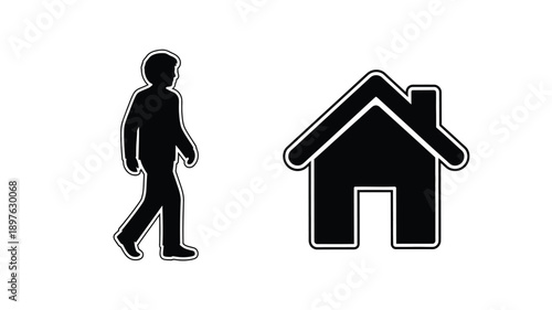 Simple illustration of a person and house in black silhouette
