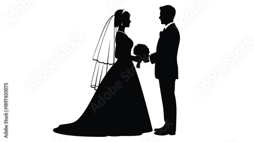 A newlywed couple holding hands depicted in a striking silhouette