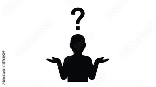 A person with outstretched hands and a questioning mark silhouette
