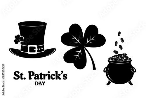 St. Patrick’s Day Silhouette Symbols. Lucky Shamrock, Leprechaun Hat, and Pot of Gold Vector Elements for Irish Holiday Design.