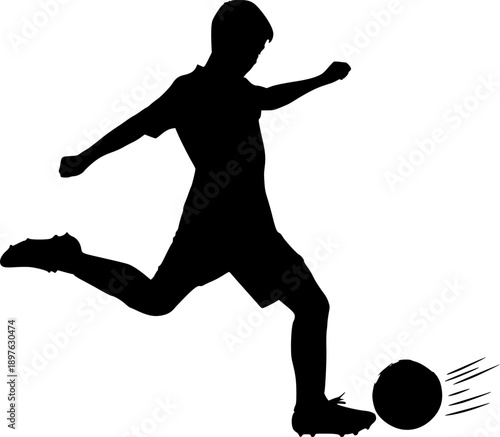 Soccer Player Action Silhouette. Football Athlete Kicking Ball in Motion Pose for Sports Competition and Fitness Branding Vector Illustration.