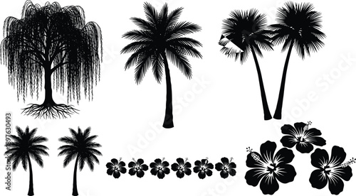 Tropical palm tree silhouettes with hibiscus flowers and willow tree elements for exotic summer design, decoration, and creative backgrounds