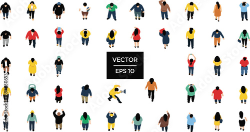 Top-down vector illustration of diverse people standing and walking in colorful clothing, simplified stylized figures for crowd, public gathering, and design projects
