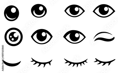 Cute Cartoon Eyes Set Black and White Expressions Collection