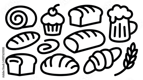 A collection of various baked goods and a beer on a white background