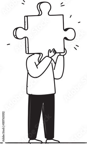 Person holding up large blank puzzle piece in a minimalist style with playful and creative atmosphere