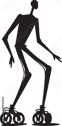 Stylized silhouette of a humanoid figure with exaggerated proportions and mechanical wheeled feet, minimalist design