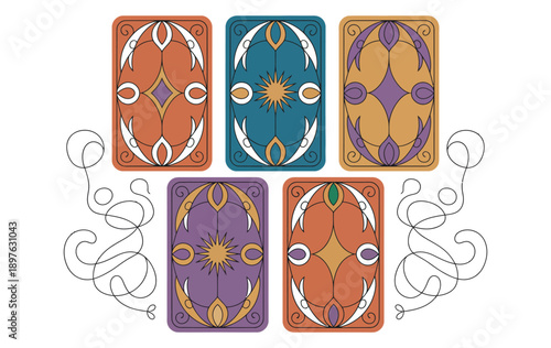 A set of colorful tarot cards with intricate designs and swirling patterns on a white background