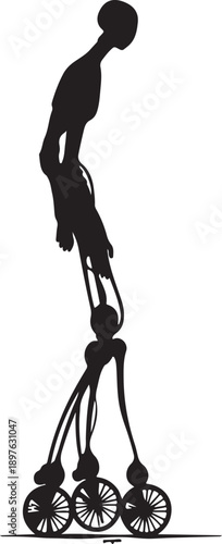 Silhouette of acrobat balancing on stacked cannonballs, minimalist black and white design with dramatic composition