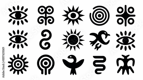 A collection of ancient symbolic icons featuring eyes, suns, birds, and abstract designs on a white background.
